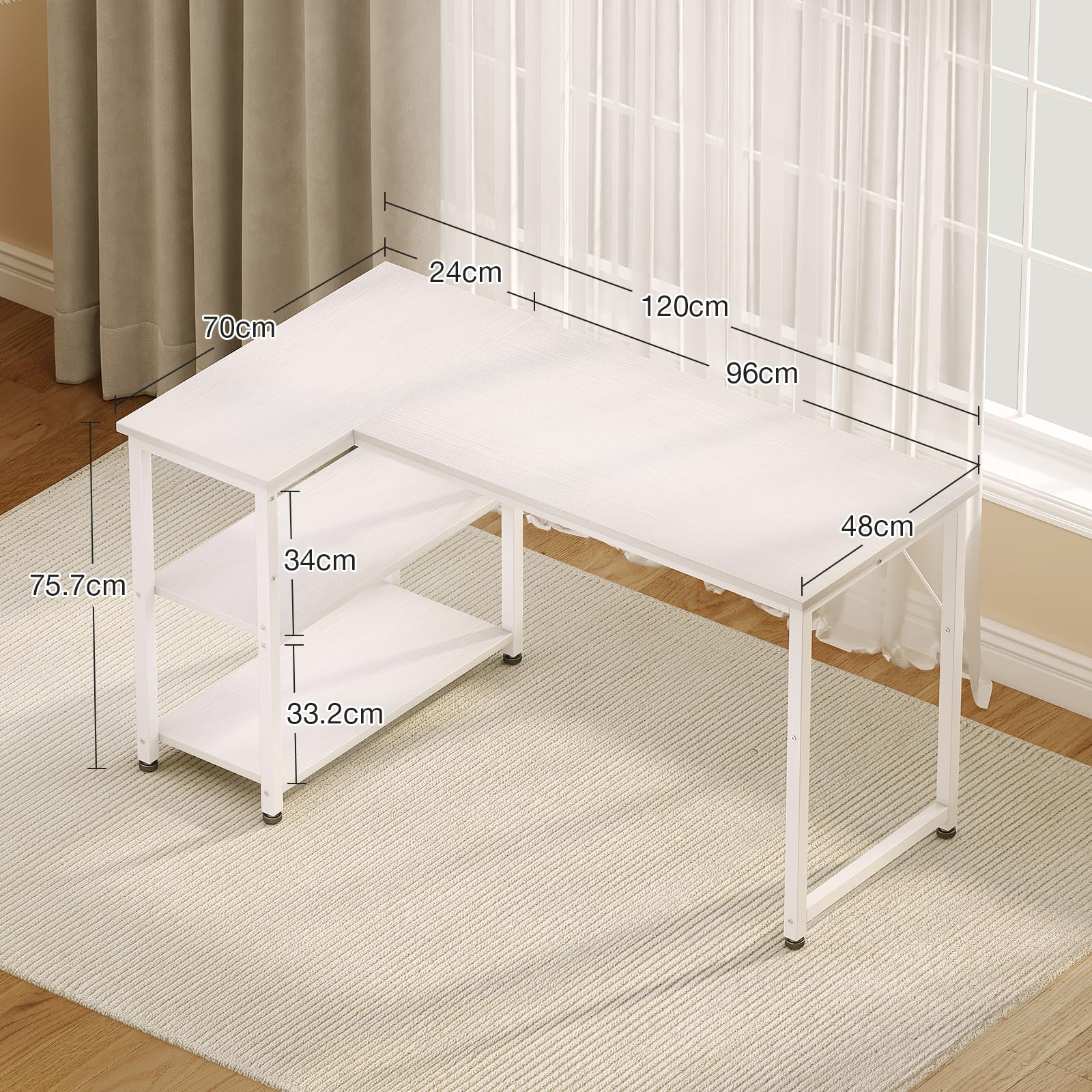 Coleshome L Shaped Gaming Desk for Small Space, 120x70 cm White