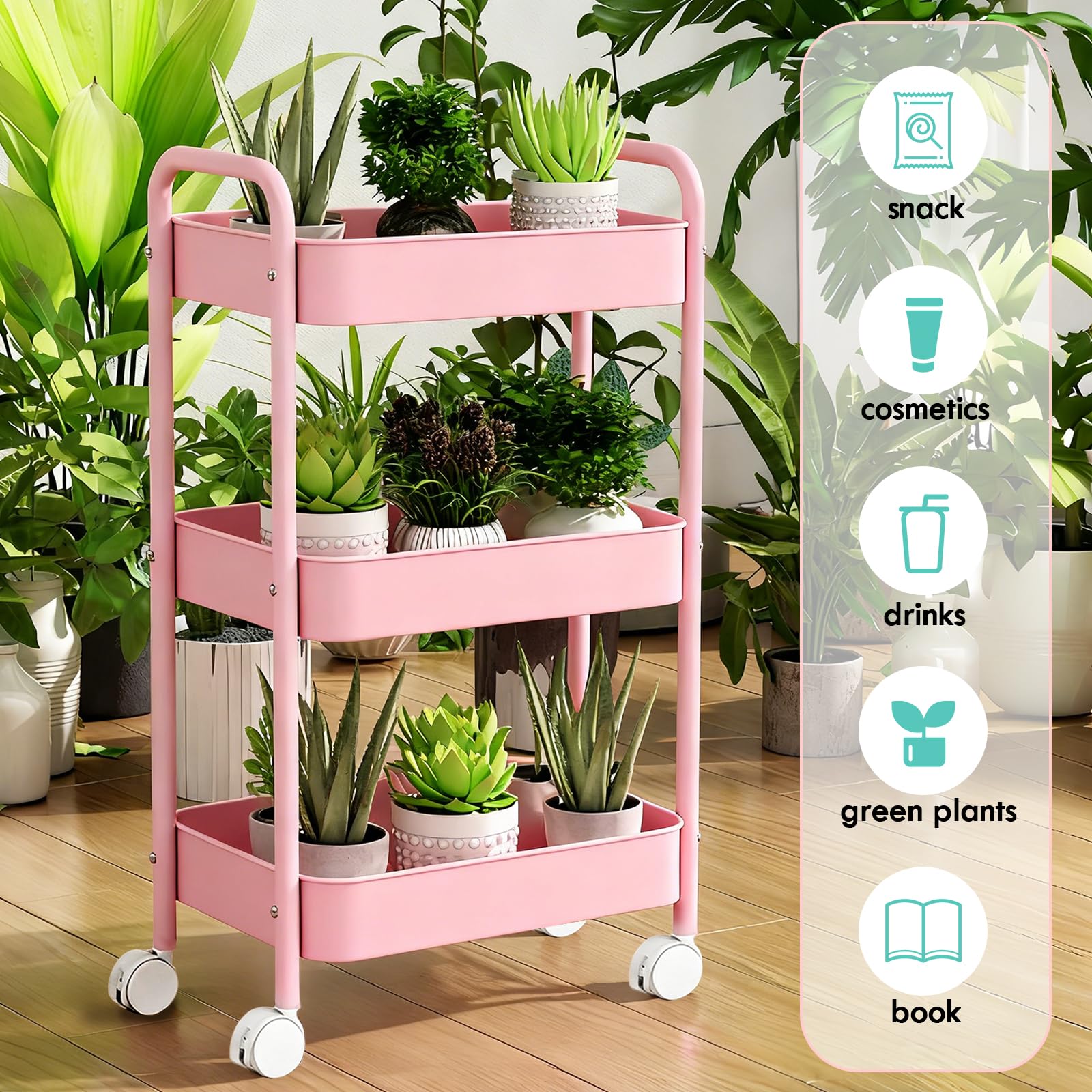 Zykphao 3-Tier Metal Rolling Storage Trolley Cart with Wheels & Handle - Easy Assembly Utility Organizer for Kitchen, Bathroom, Living Room