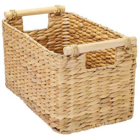HMF Storage basket woven from water hyacinth, decorative basket with wooden handles for storage in the bathroom, living room, kitchen
