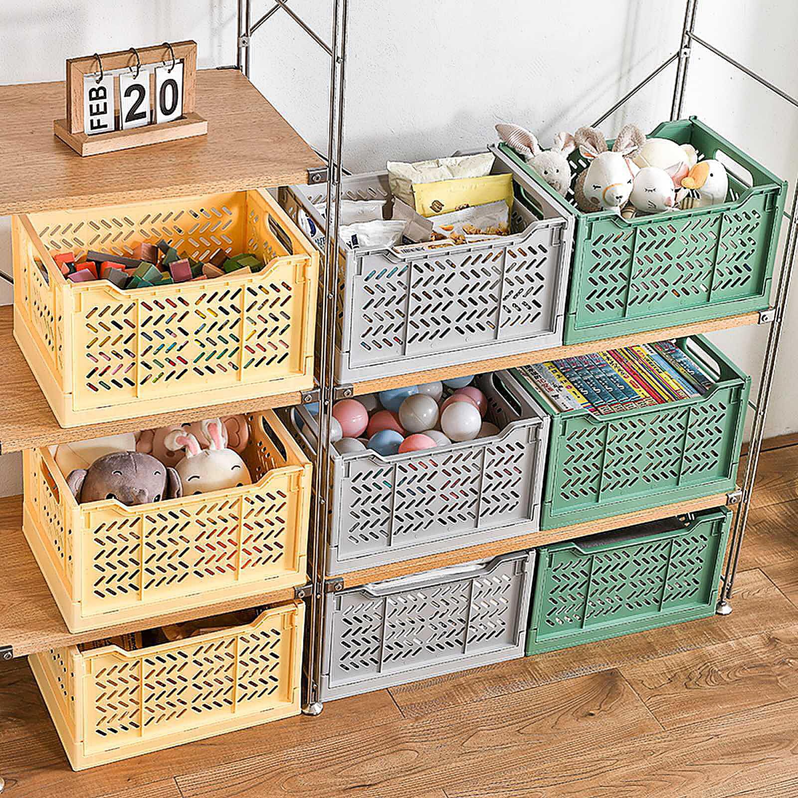 Spesh 2 Pcs Large Collapsible Storage Crates Stackable Plastic Storage Baskets Foldable Crate Boxes for Kitchen, Living Room