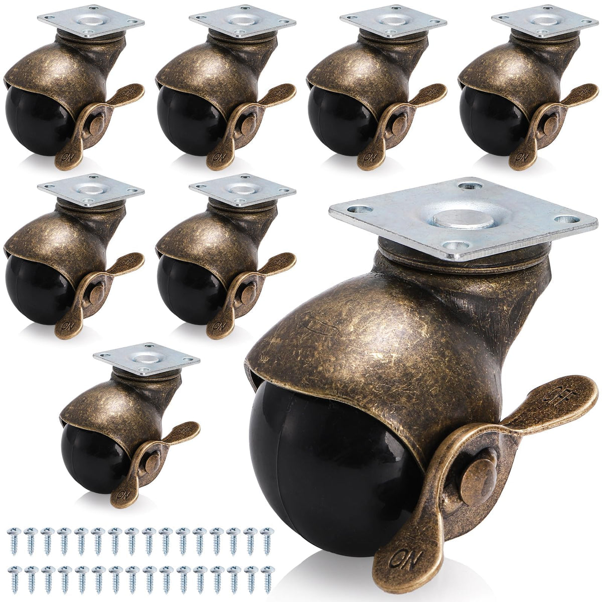 Goaste 8 Pack 50mm Ball Caster Wheels, Antique Brass Swivel Casters with Brakes, Vintage Spherical Ball Casters with Sockets