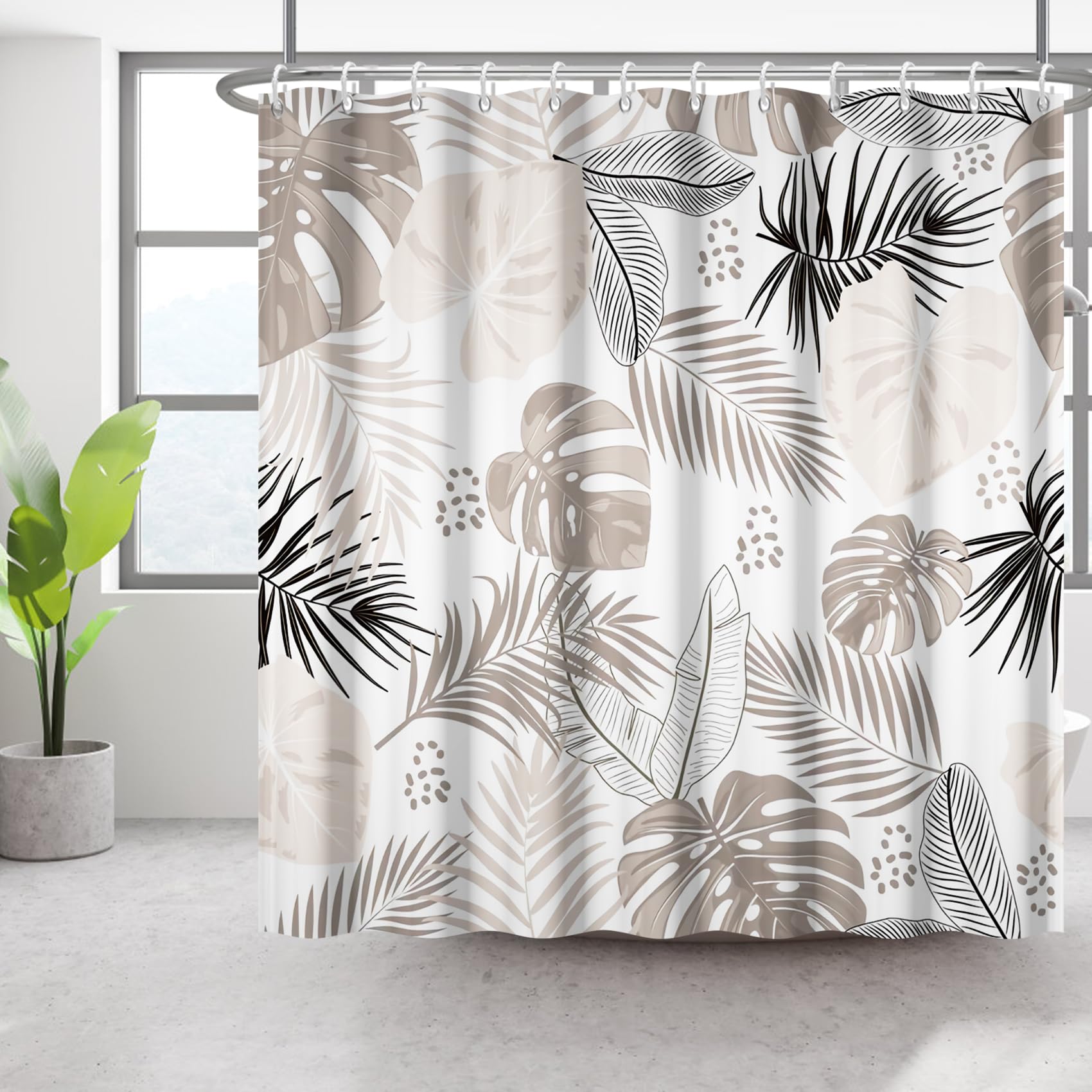 Bovlleetd 71x79inch Bohemian Bathroom Curtain Waterproof Abstract Art Shower Curtain Mid-Century Tropical Plant Shower Curtains Washable Bathtub