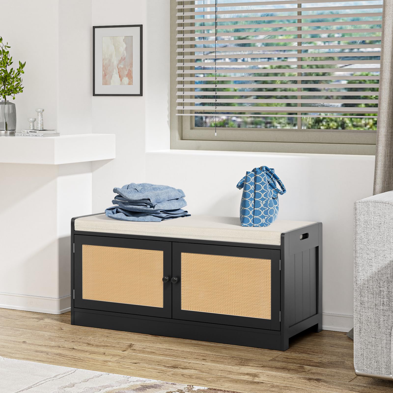 Yvsevnr Rattan Shoe Storage Bench with Seat Cushion Organiser Wooden Shoe Rack with Adjustable Shelves, 2 Doors, 2-Tier, for Hallway, Bedroom