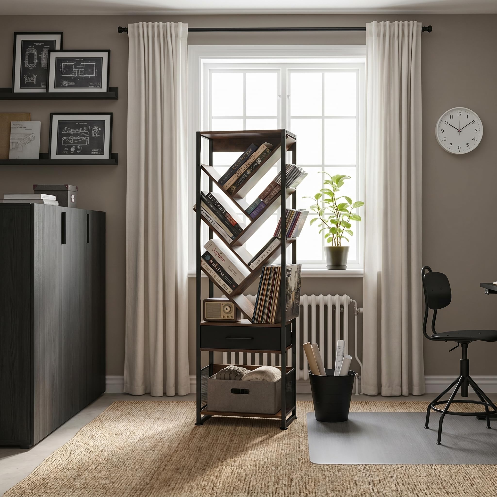 ruboka Tree Bookshelf with Side Table, Tall Bookcase with Storage Cabinet, Floor Standing Modern Narrow Bookshelves Organizer for Bedroom/Living