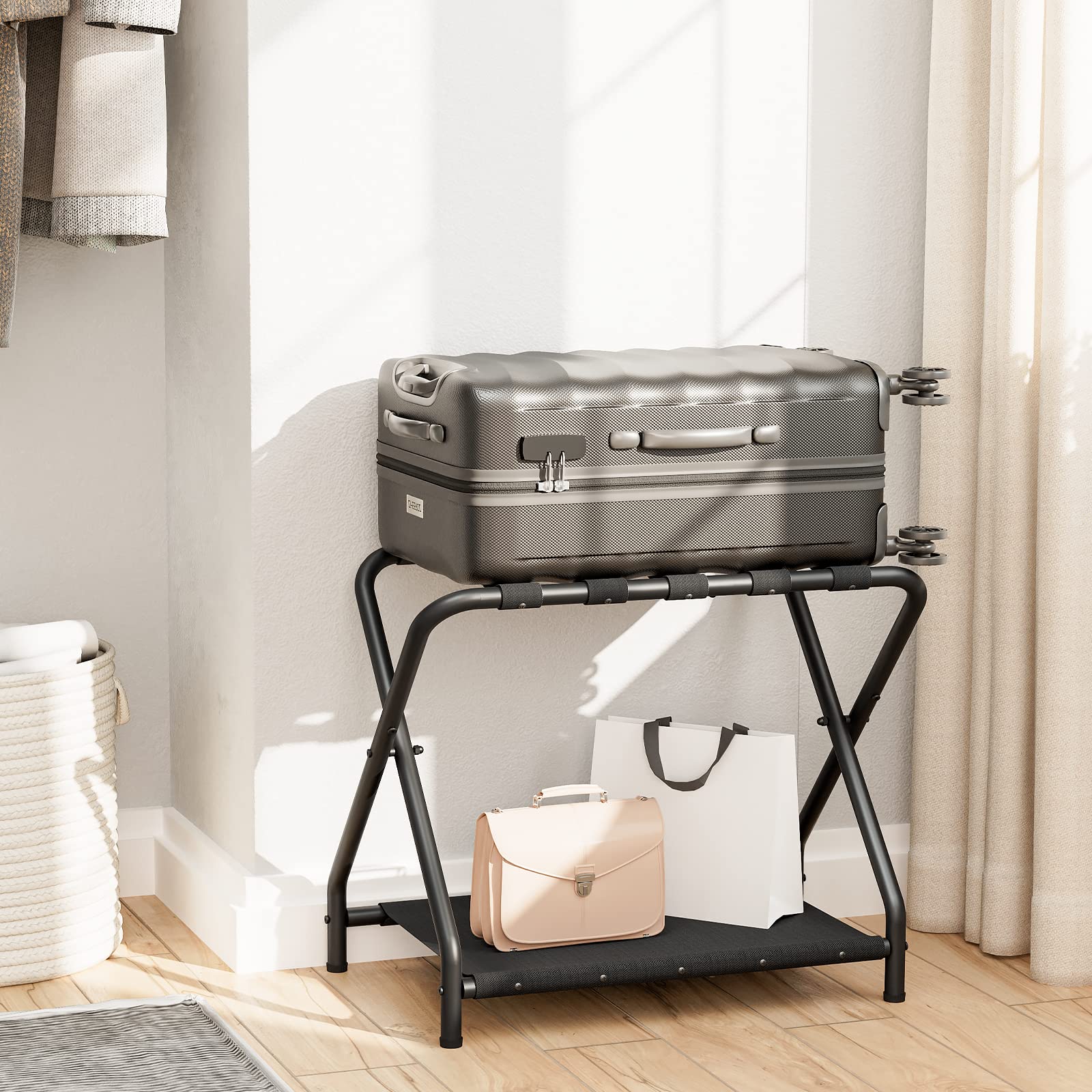 HOOBRO Luggage Rack, Folding Suitcase Stand with Fabric Storage Shelf
