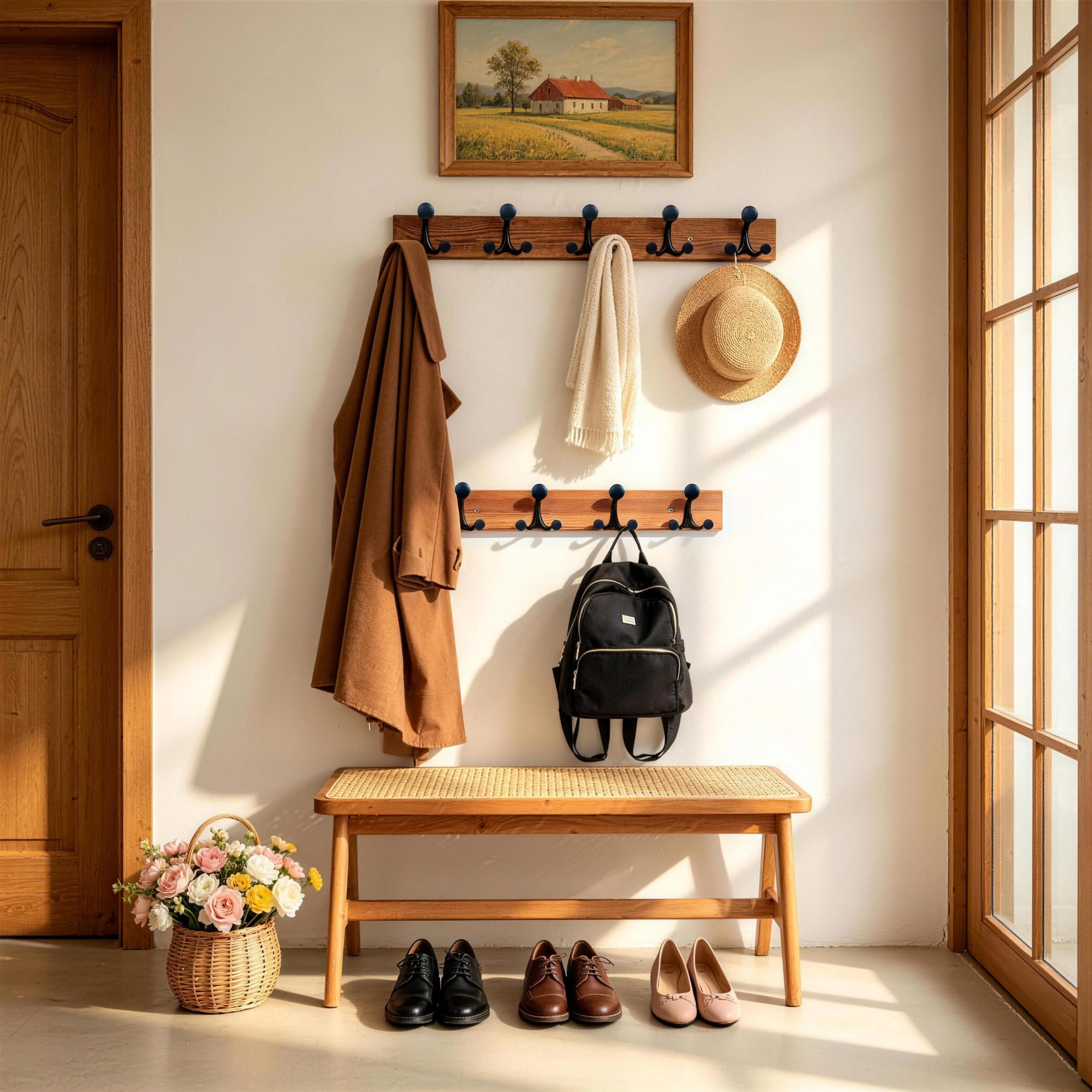 HONSKY Wall Mounted Coat Rack, 76cm Rustic Brown, 5 Black Sturdy Aluminium Alloy Triple Hooks(15 Hanging Points), Wall Coat Hanger for Entrance Hall