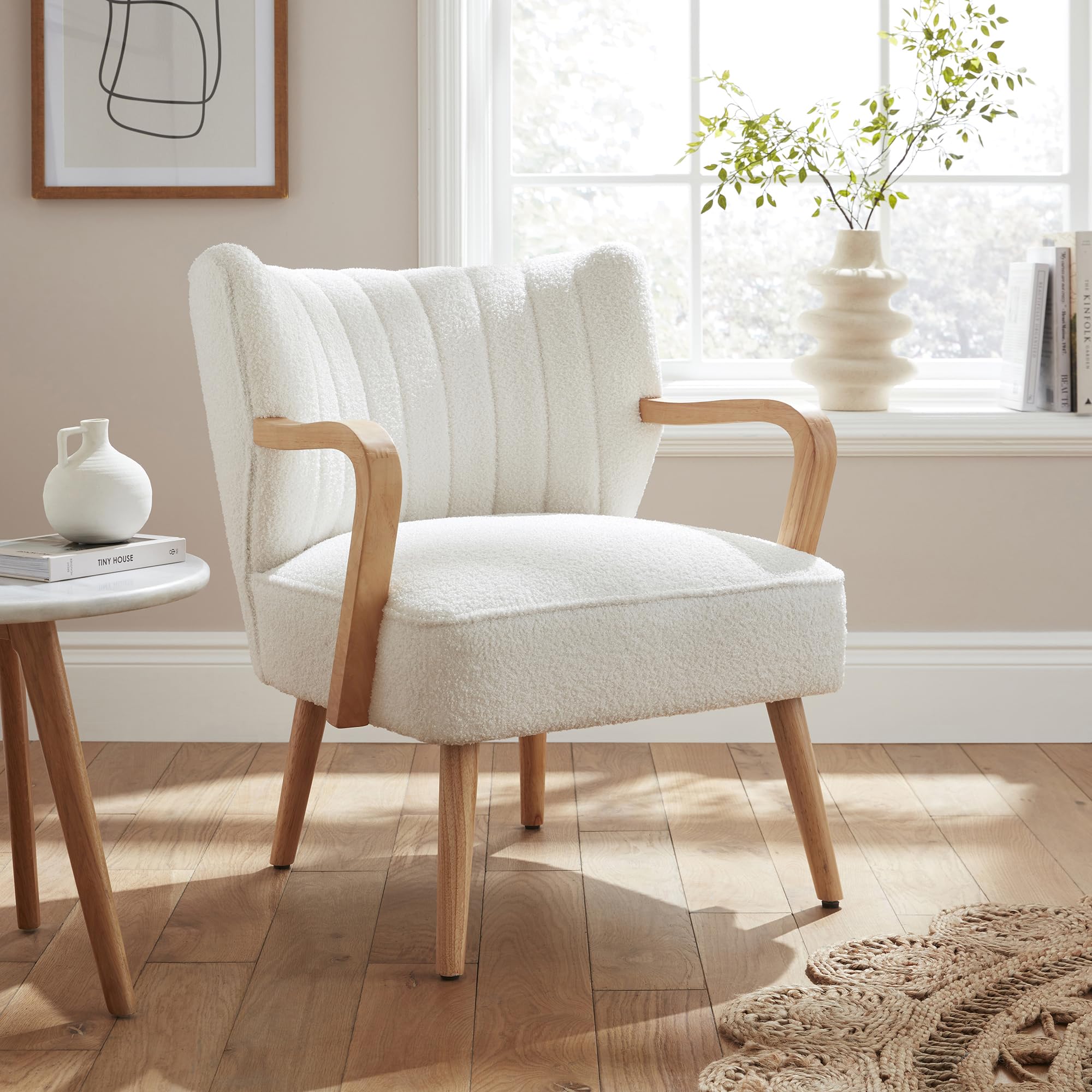 GFW Enzo Cream Teddy Accent Chair, Bouclé Upholstered Armchair with Wooden Arms and Scandi Style Design