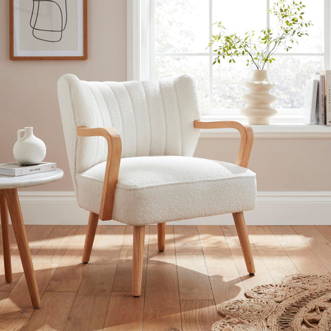 GFW Enzo Cream Teddy Accent Chair, Bouclé Upholstered Armchair with Wooden Arms and Scandi Style Design