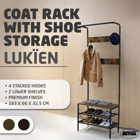 Amig - Coat Rack with Shoe Shelf Lukïen Entryway Furniture with Industrial Style Bench 183x66x32.5 cm Metal and Wood Black and Brown Furniture for