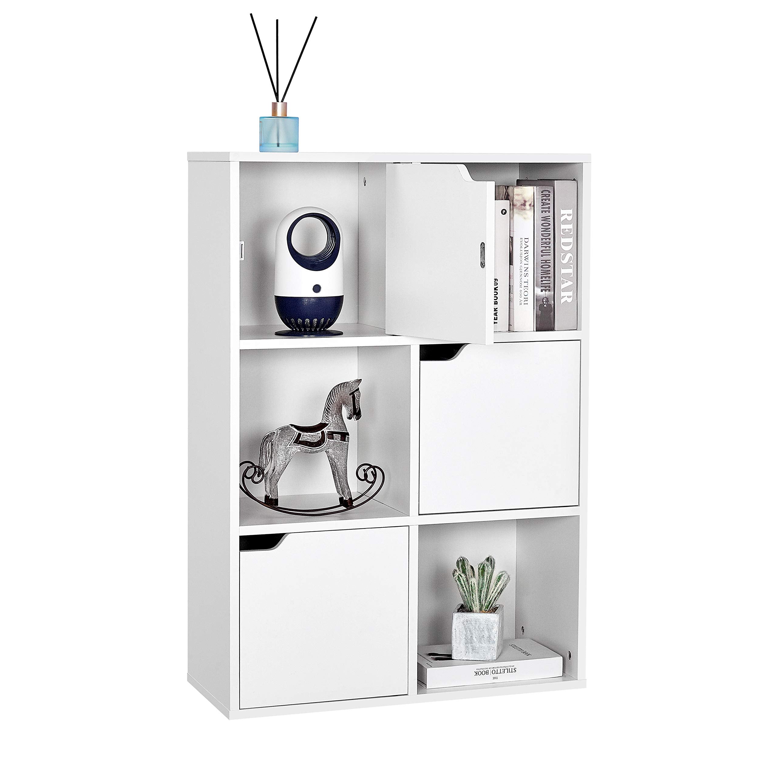 Mondeer Bookcase White, 6 Cube Storage Unit, 3-Tier Bookshelf with Doors, Wooden Shelf Organiser Display Cabinet for Living Room, Bedroom