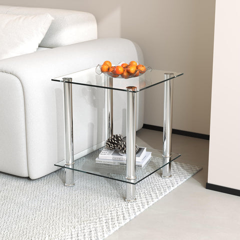 GOLDFAN 2-Tier Small Glass Coffee Table Corner Side End Table with Clear Glass and Stainless Steel Legs Living Room, Transparent