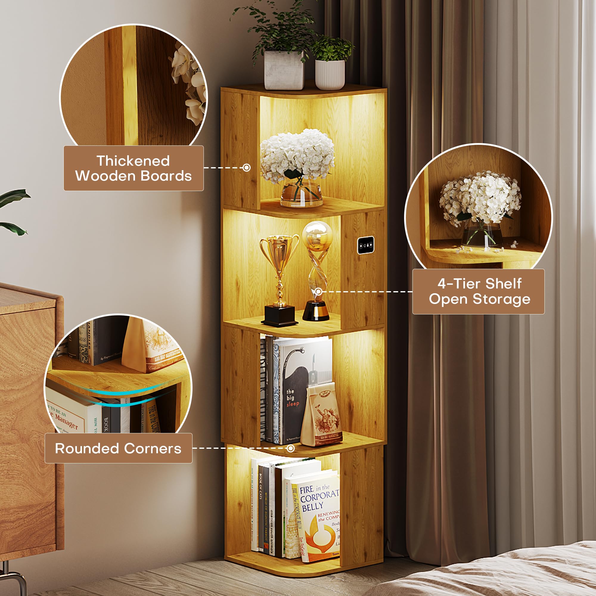 55.1 " Corner Wood Bookcase with Body Sensor LED for Home Office,Natural