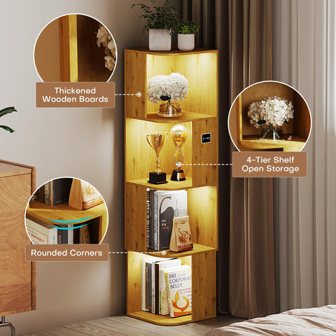 55.1 " Corner Wood Bookcase with Body Sensor LED for Home Office,Natural