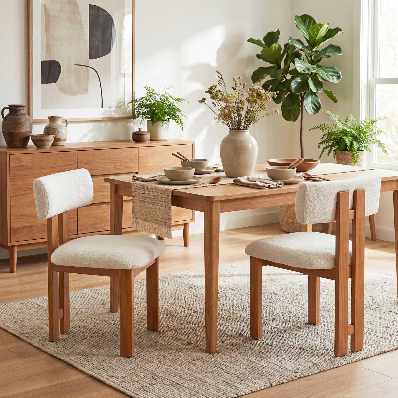younturn Retro Mid Century Dining Chairs Set of 2, Boucle Upholstered Seats with Backrest and Solid Wooden Legs, Kitchen Chairs for Dining Room