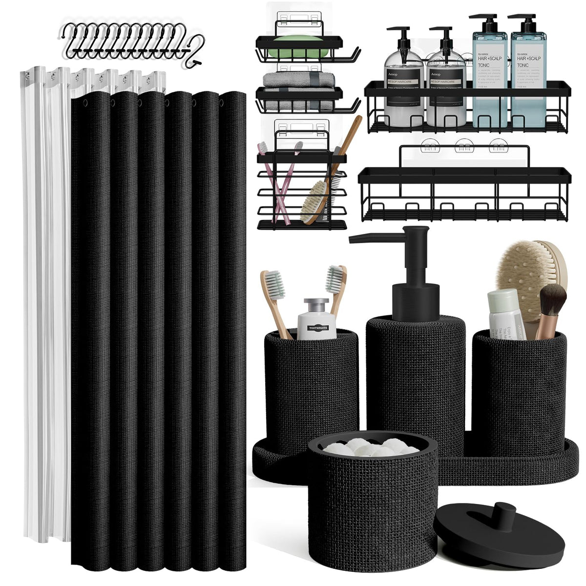 Clara Clark Bathroom Set - Black Bathroom Accessories Set, 24PC Bathroom Accessory Set, Bathroom Sets with Shower Curtain Set
