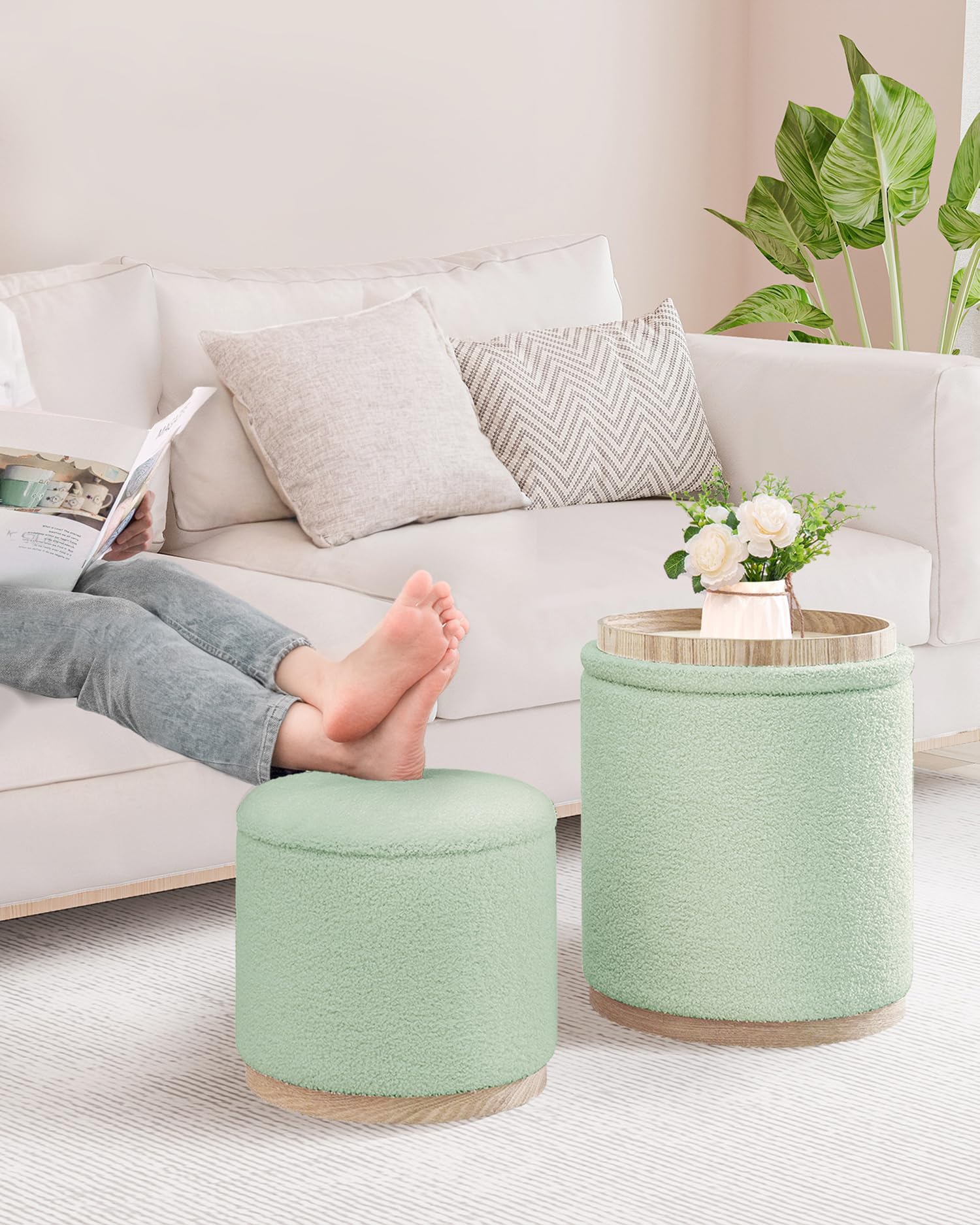 Bonlife Set of 2 Round Ottoman with Tray, Vanity Stool with Storage