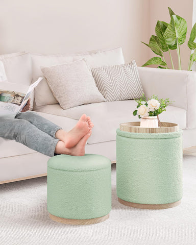 Bonlife Set of 2 Round Ottoman with Tray, Vanity Stool with Storage