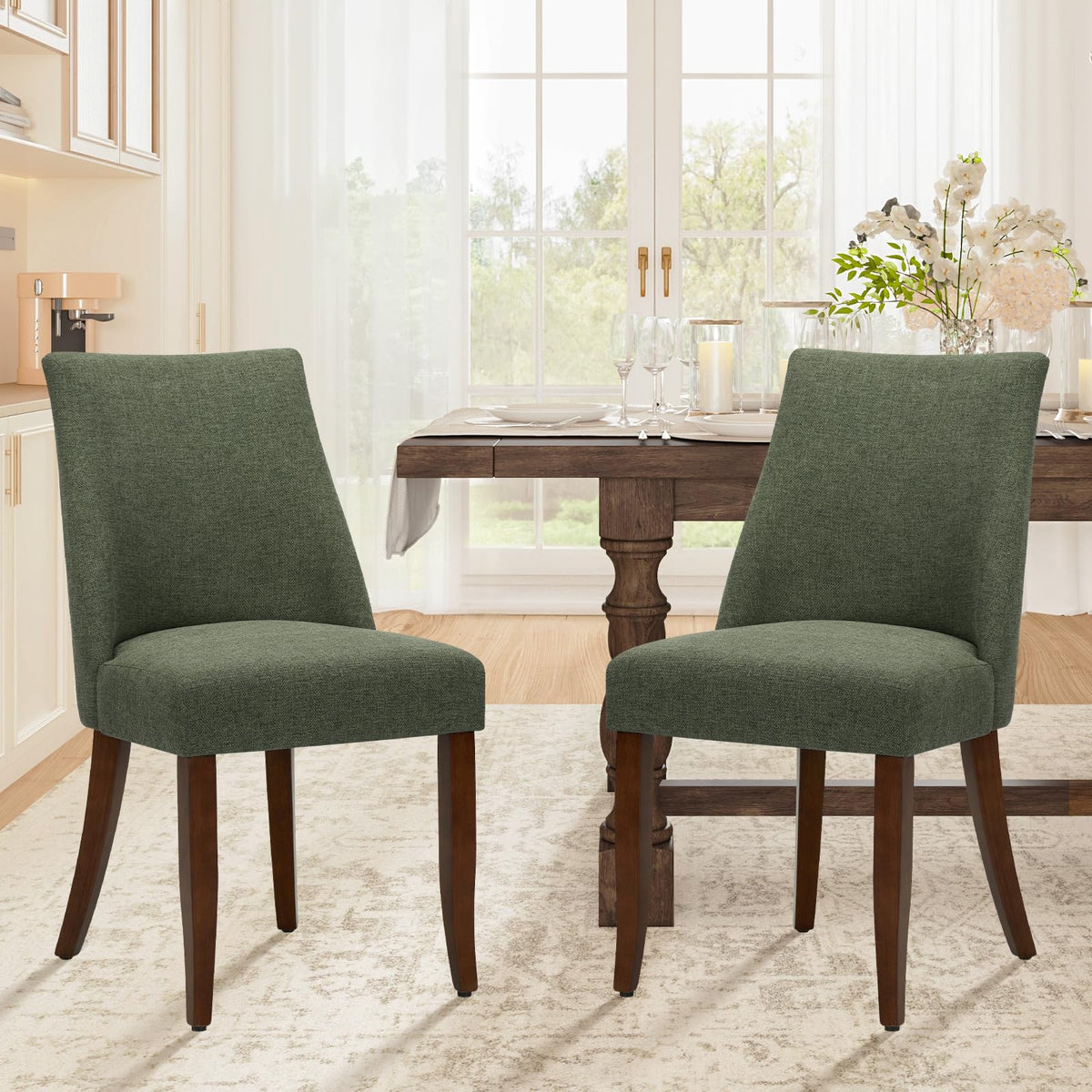 COLAMY Upholstered Dining Chairs Set of 2, Linen Fabric Parsons Dining Room Chairs with Curved Backrest, Solid Rubber Wood Legs