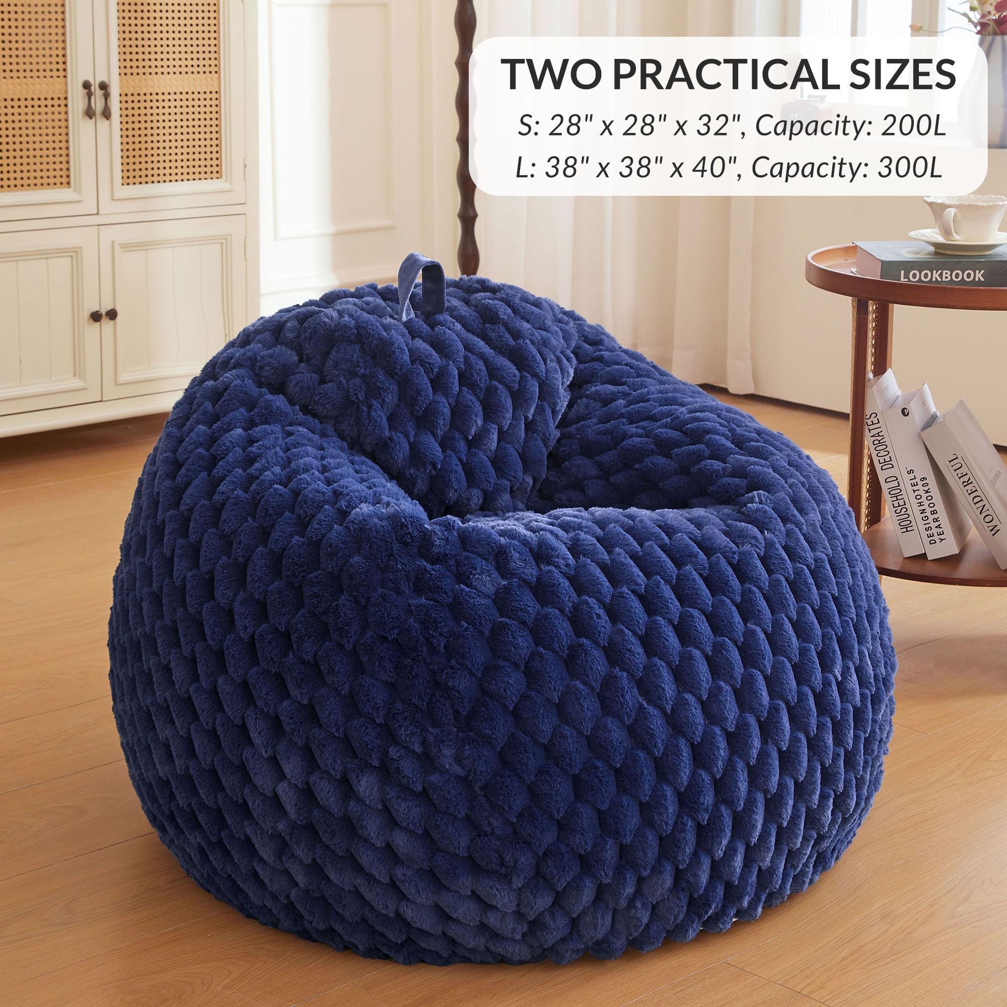XeGe 3D Bubble Fluffy Faux Rabbit Fur Bean Bag Cover(No Filler), Navy Blue
