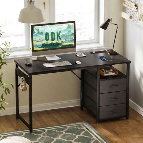 ODK Computer Desk with Drawers, 120cm Office Desk with Sockets, Black
