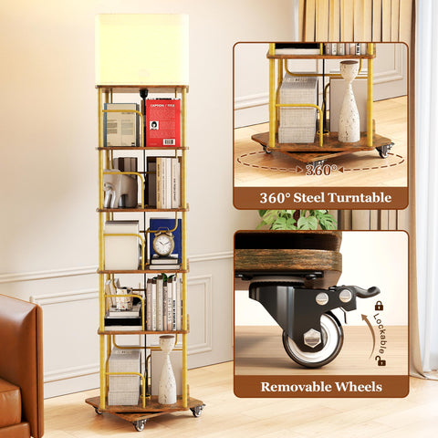 Quikraen 5-tier Revolving Bookcase with LED and Lockable Castors，Gold+Brown