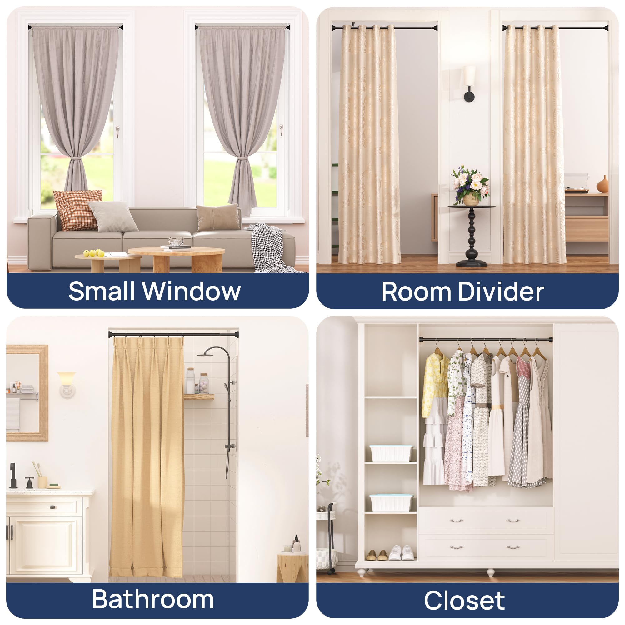 Matte Black Extendable Curtain Poles Shower Curtain Rod 81-137cm Tension Pole No Drilling, Never Rust Non-Slip Telescopic Pole for Clothes