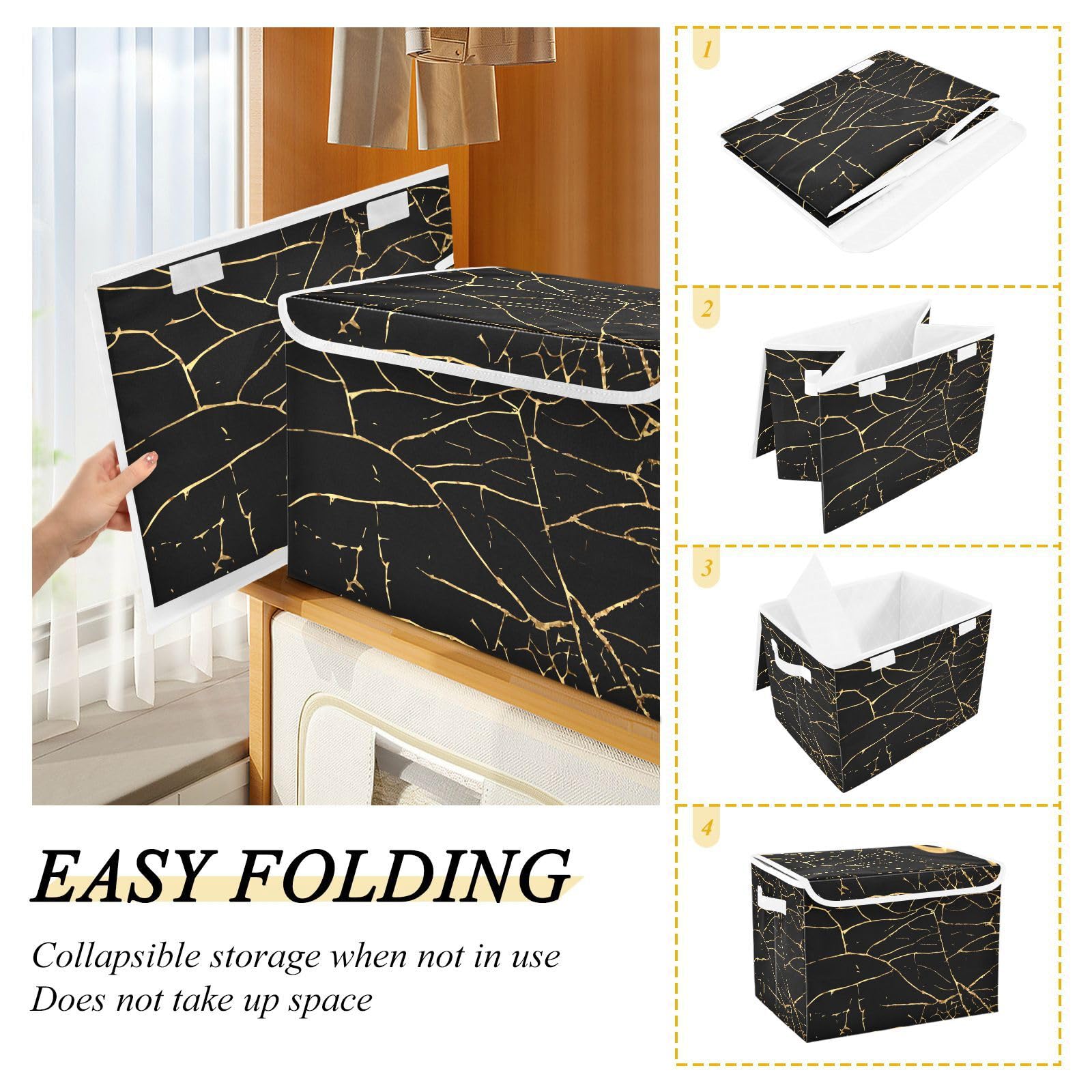 Storage Bin with Lid Gold Geometric Gold Marble Texture Foldable Storage Box Washable Fabric Storage Cubes Bin Organizer Basket Closet for Home