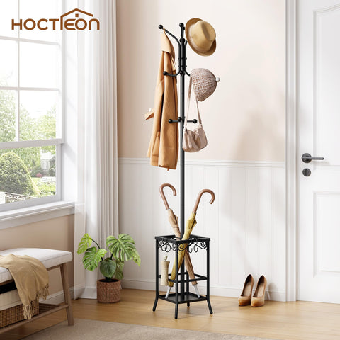 Hoctieon Coat Rack Freestanding, Coat Tree with Umbrella Holder, Metal Coat Rack Stand with 12 Hooks, Standing Coat Hanger Stand