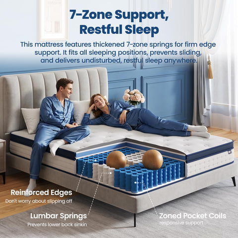 BedStory Small Double Mattress, 7.8 Inch Hybrid Mattress, 7-Zone Mattress with Breathable Foam and Individually Pocket Sprung Firm- Extra Lumbar