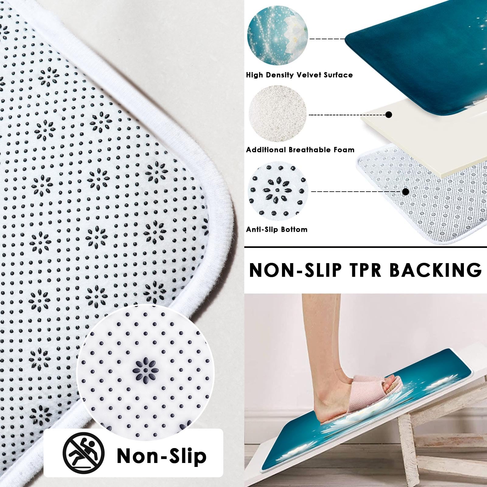4 Piece Shower Curtain Sets, with 12 Hooks, Magic Lotus Flower Turquoise Zen with Non-Slip Rugs, Toilet Lid Cover and Bath Mat