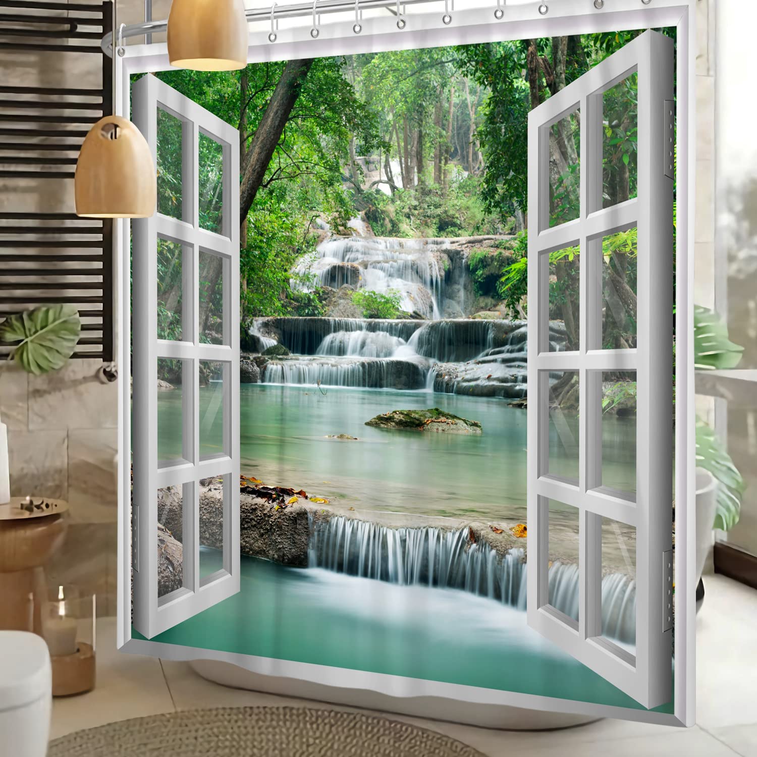 SDOTPMT 105x160cm Window View Shower Curtain Spring Waterfall Trees Natural Scenery Wilderness Landscape Bath Curtain White Window Picture Modern Art
