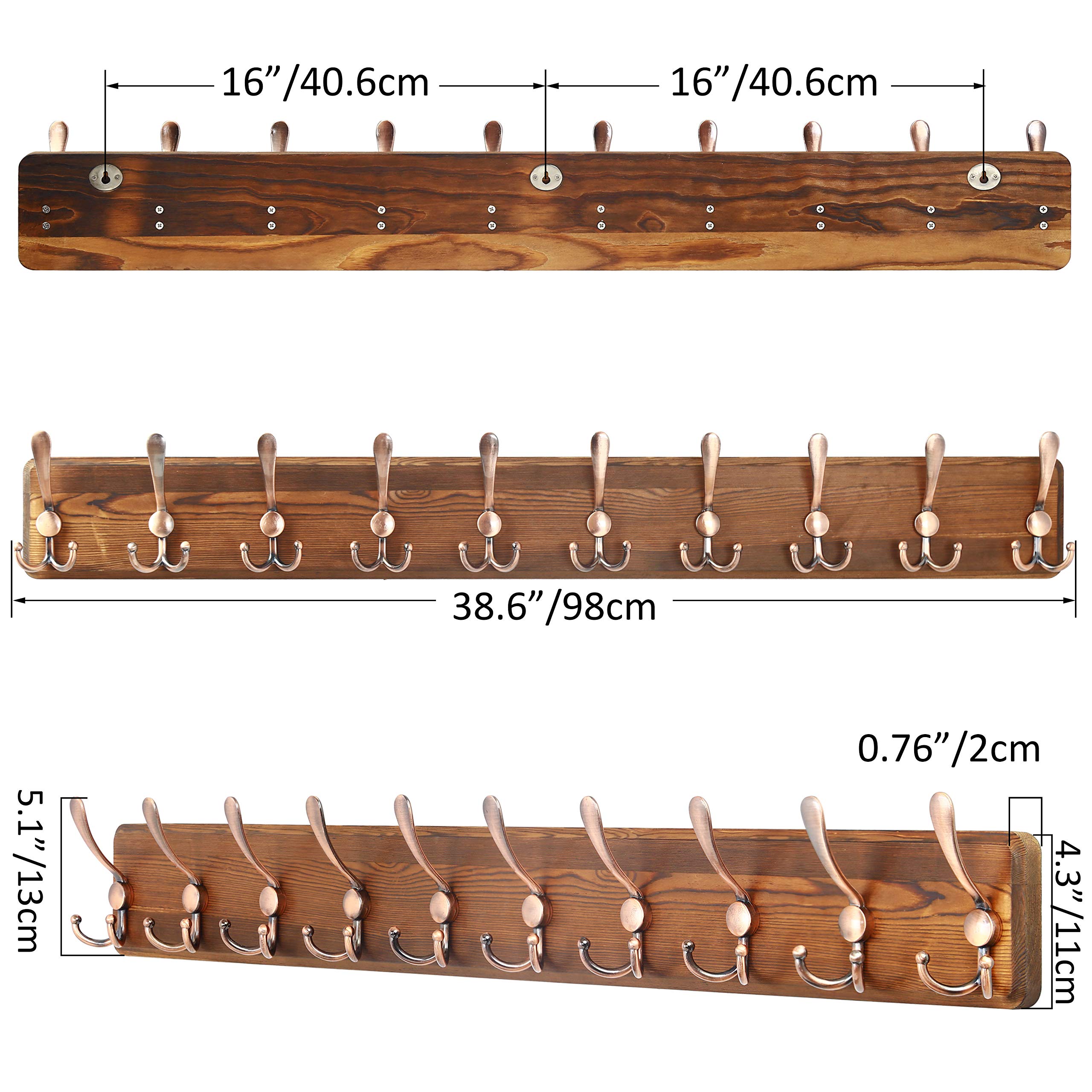 SKOLOO Coat Rack Wall Mounted - 38.3'' Long, Pack of 2, Wooden, Heavy Duty, Rustic Coat Hooks for Wall
