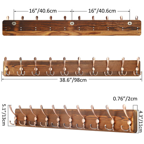 SKOLOO Coat Rack Wall Mounted - 38.3'' Long, Pack of 2, Wooden, Heavy Duty, Rustic Coat Hooks for Wall