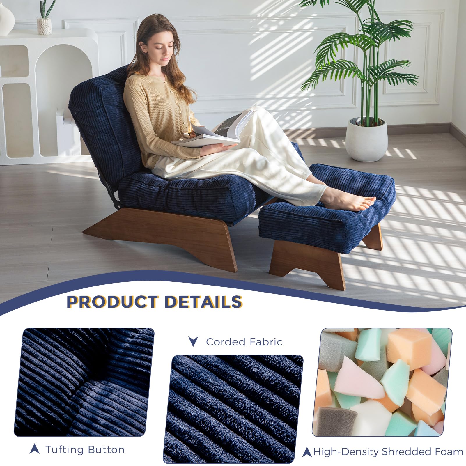 MAXYOYO Corduroy Folding Accent Chair with Footrest, Modern Upholstered Lounge Chair with Adjustable Backrest