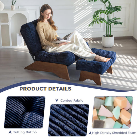 MAXYOYO Corduroy Folding Accent Chair with Footrest, Modern Upholstered Lounge Chair with Adjustable Backrest