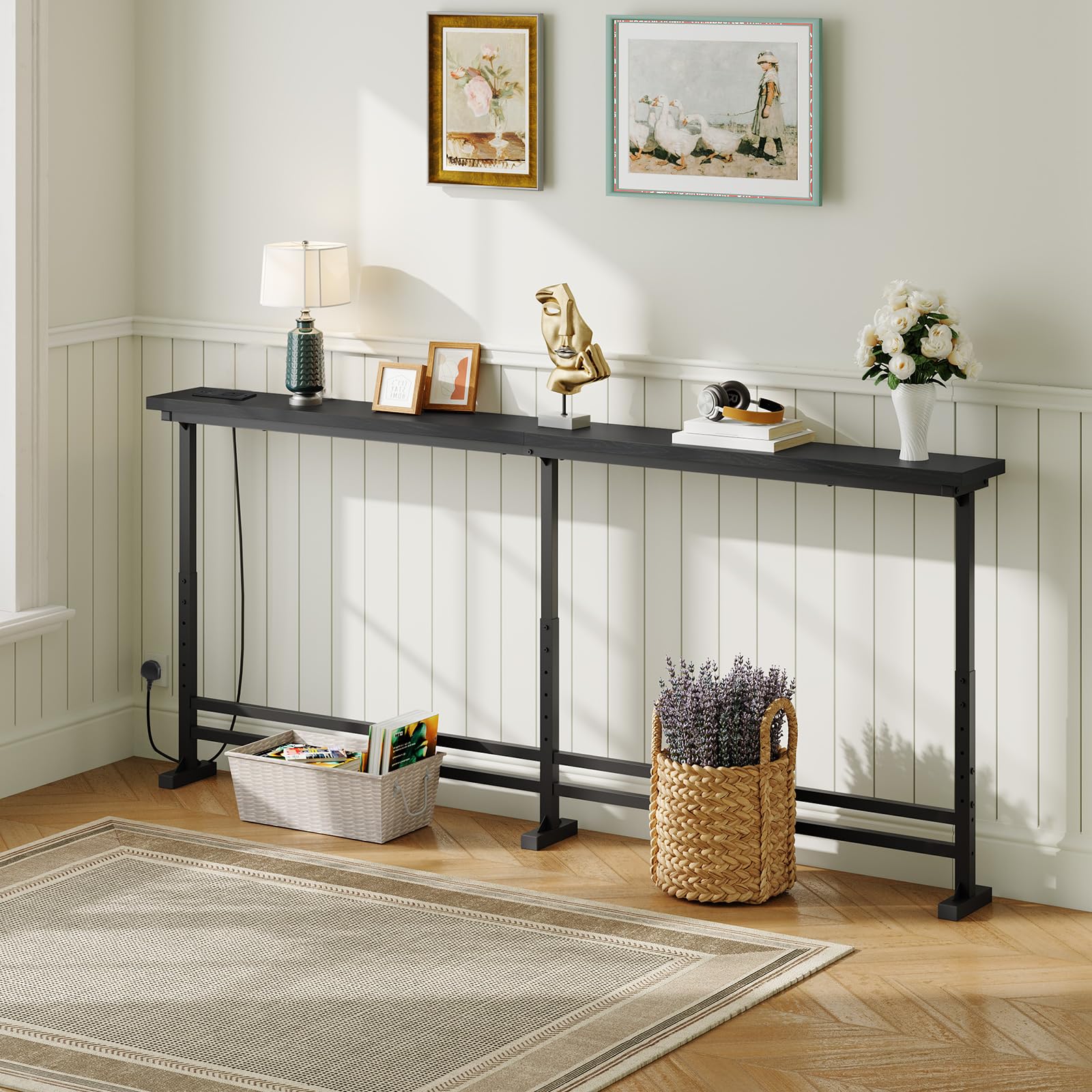 YATINEY 15 cm Slim Console Table, Height-Adjustable Behind Sofa Table, 200 cm Hallway Table, Narrow Long Sofa Table with Power Outlet