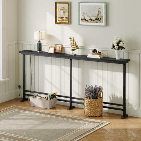 YATINEY 15 cm Slim Console Table, Height-Adjustable Behind Sofa Table, 200 cm Hallway Table, Narrow Long Sofa Table with Power Outlet