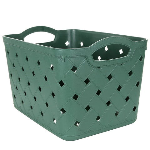 ASelected 4 Pack Plastic Woven Storage Basket With Handles, Middle 27.5x18.5x17.5cm, Beautiful Fashionable, Skin Pattern Cross Woven, For Kitchen