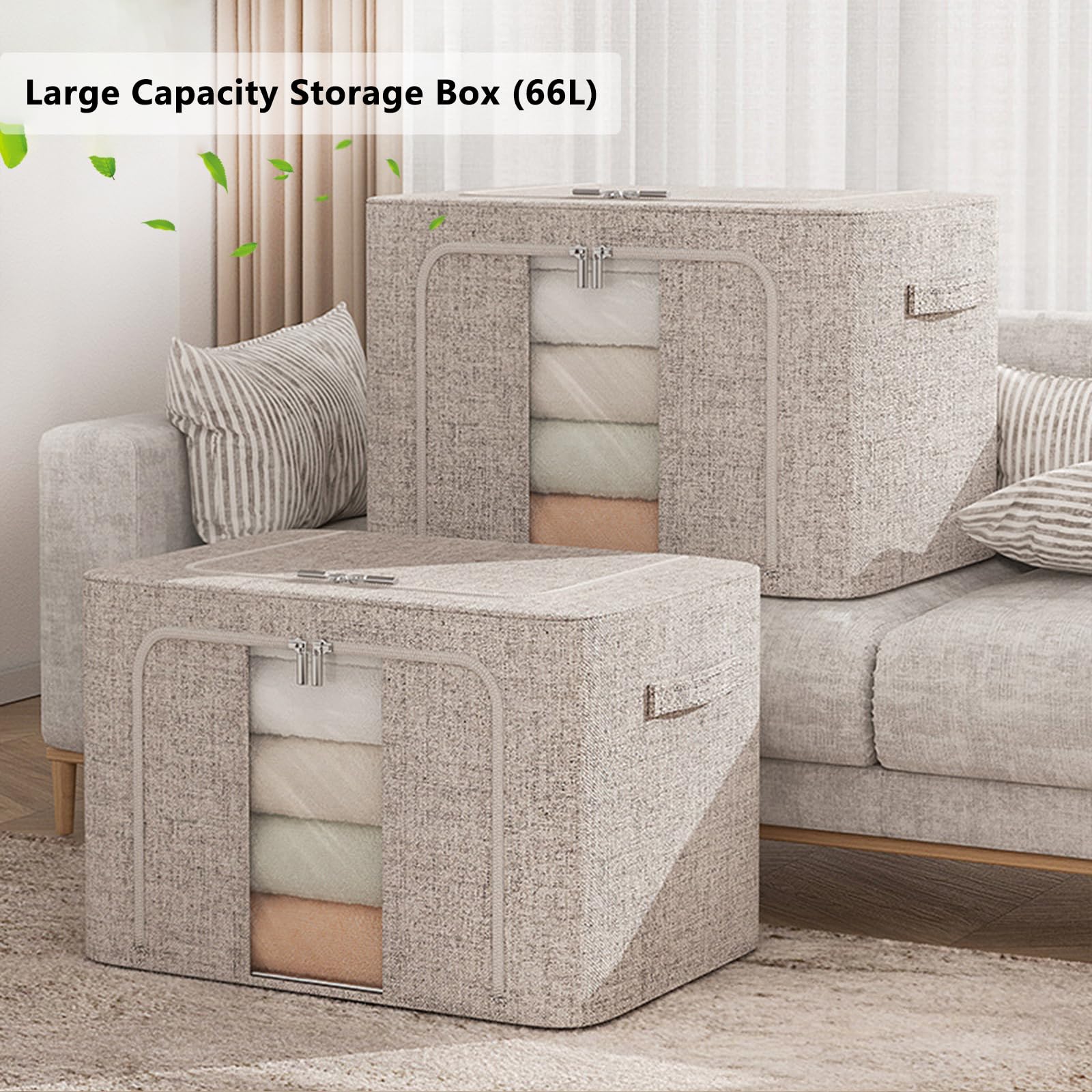 FYTXSZ Clothes Storage Boxes 66L with Metal Frame, Foldable Fabric Storage Bins with Lid and Clear Window