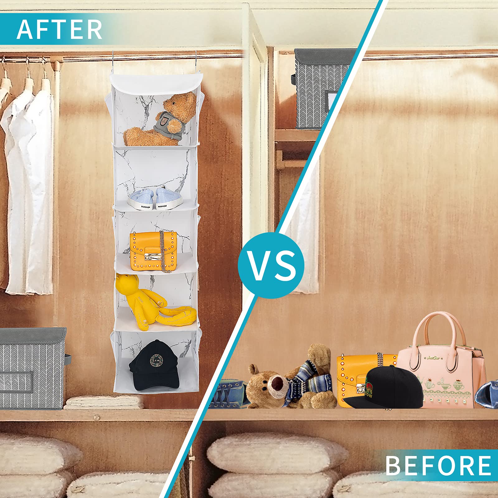 BrilliantJo Hanging Storage with 5 Shelves Wardrobe Closet Organiser, Storage Shelves Unit with 6 Pockets for Clothes - marblizing(30 x 30 x 108cm)