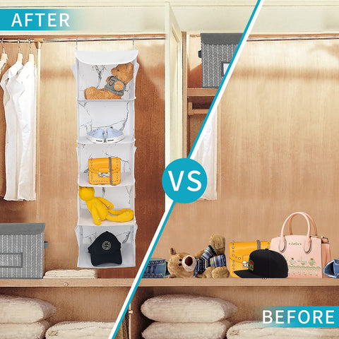 BrilliantJo Hanging Storage with 5 Shelves Wardrobe Closet Organiser, Storage Shelves Unit with 6 Pockets for Clothes - marblizing(30 x 30 x 108cm)
