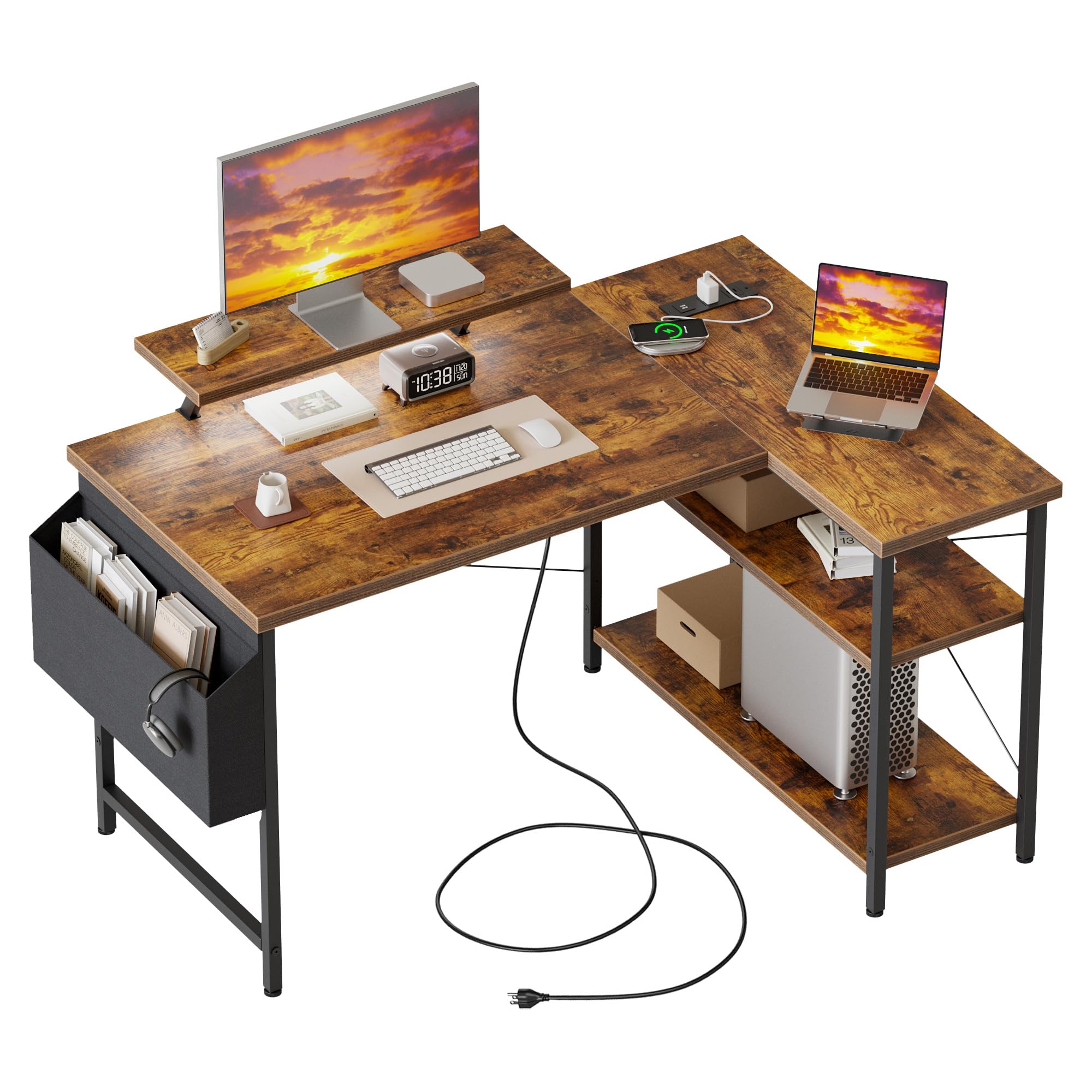 Mericonia Corner Desk, w. Monitorstand & Built-in Socket, 100x70cm, Brown