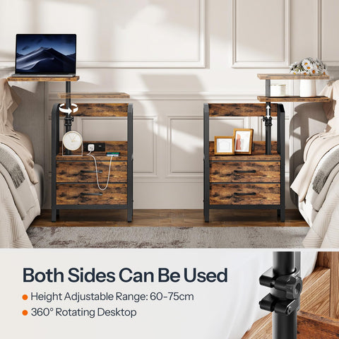 HOOBRO Bedside Table with Charging Station, Swivel Lift Top Nightstand, Height Adjustable, Side Table with 2 Drawers and Tablet Slot