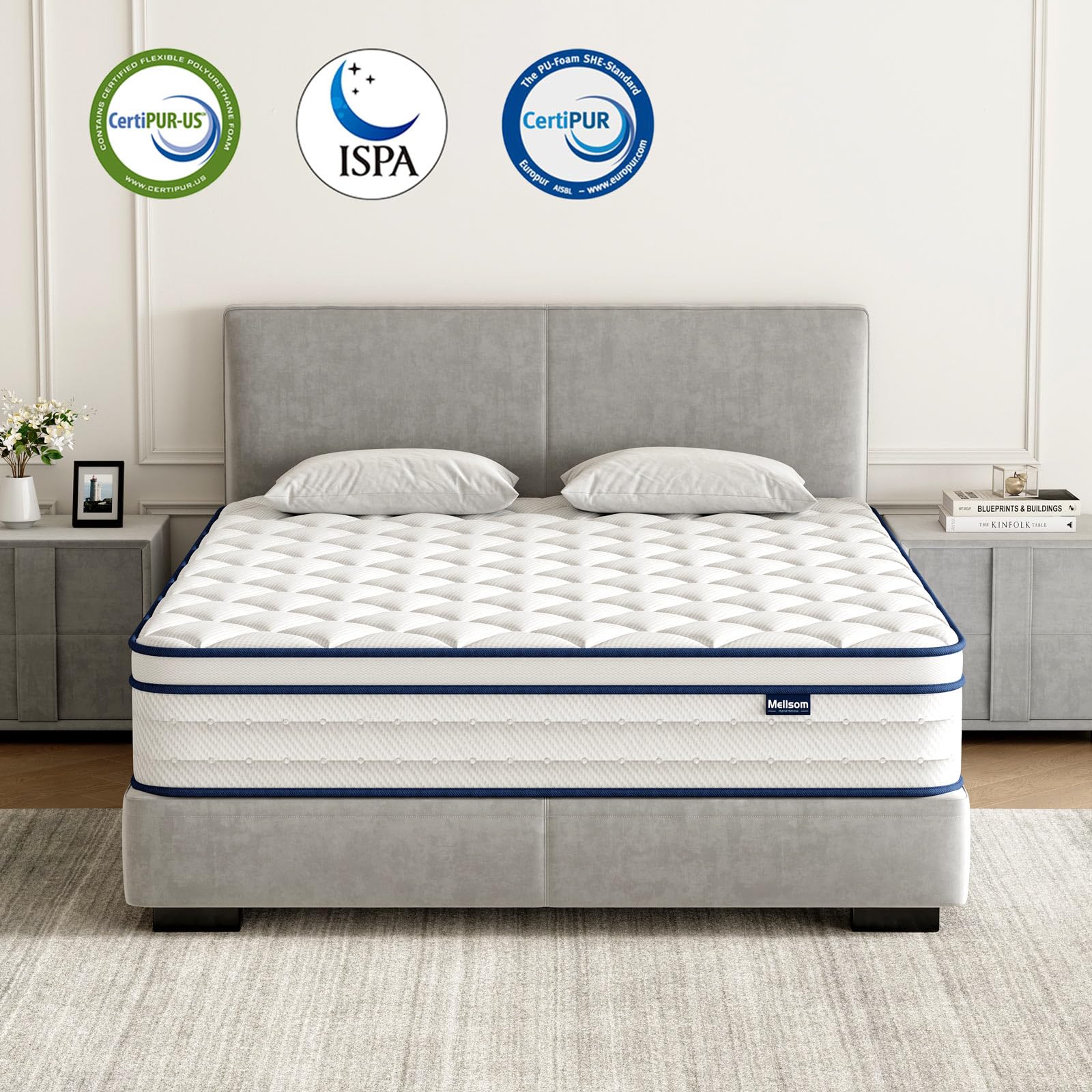 Mellsom Double Mattress, Memory Foam 7-Zone Pocket Spring hybrid Mattress