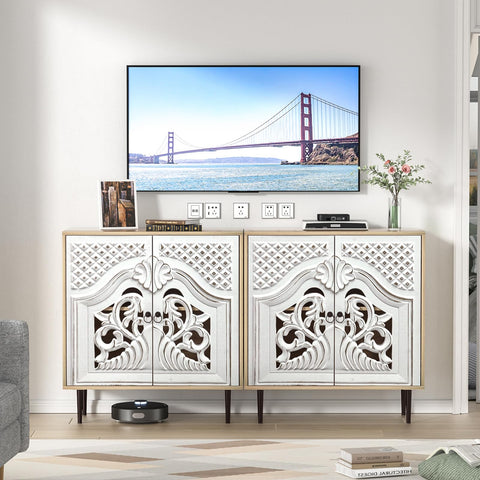 Skokliz Sideboard, Kitchen Sideboard with 2 Doors, Carved Kitchen Cabinet with Adjustable Shelves, Buffet Cabinet for Living Room, Dining Room