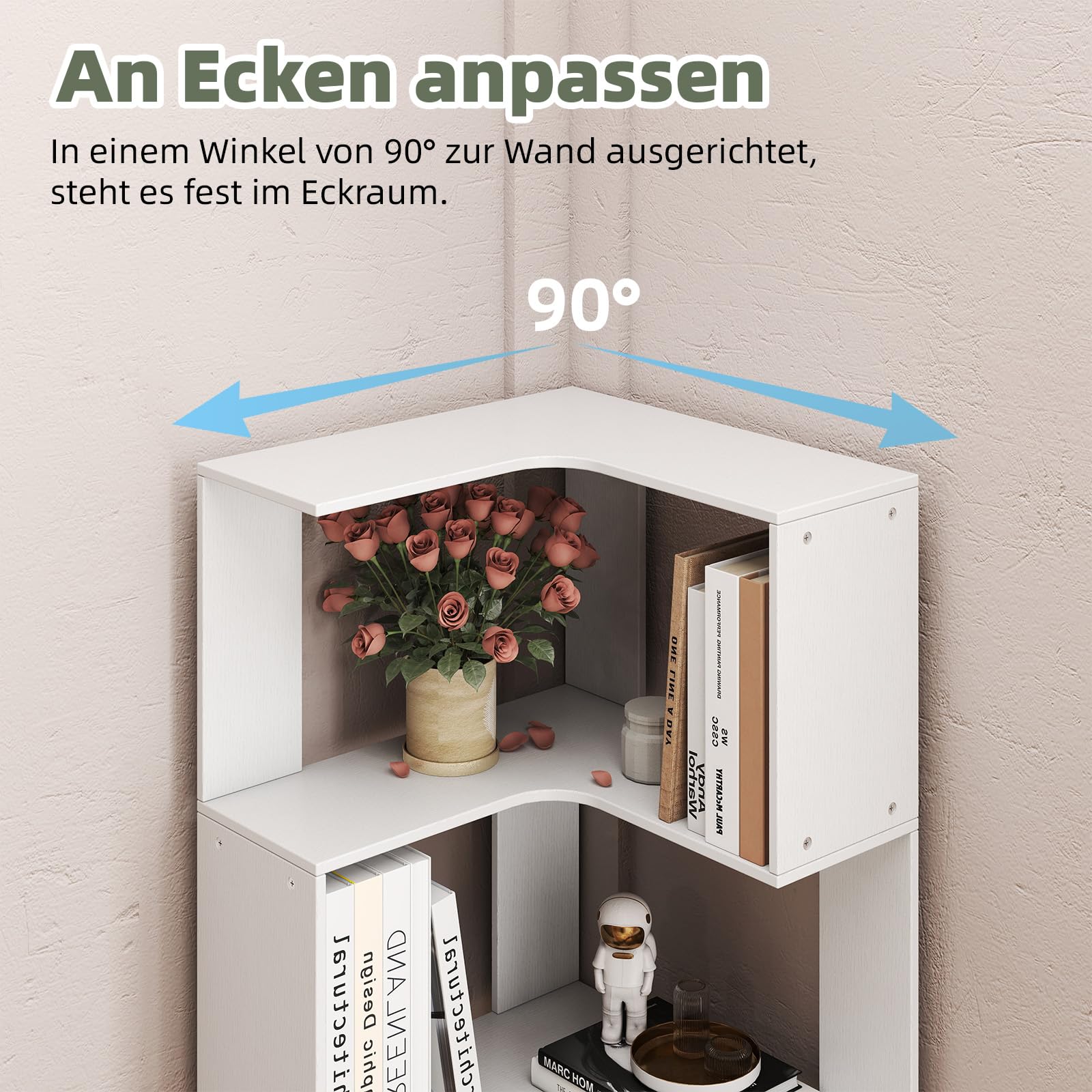 uyoyous Bookcase White, Corner Bookcase with 6 Levels, 175 cm Corner Shelf, Standing, 90° L-shaped Bookcase for Study, Bedroom, Office