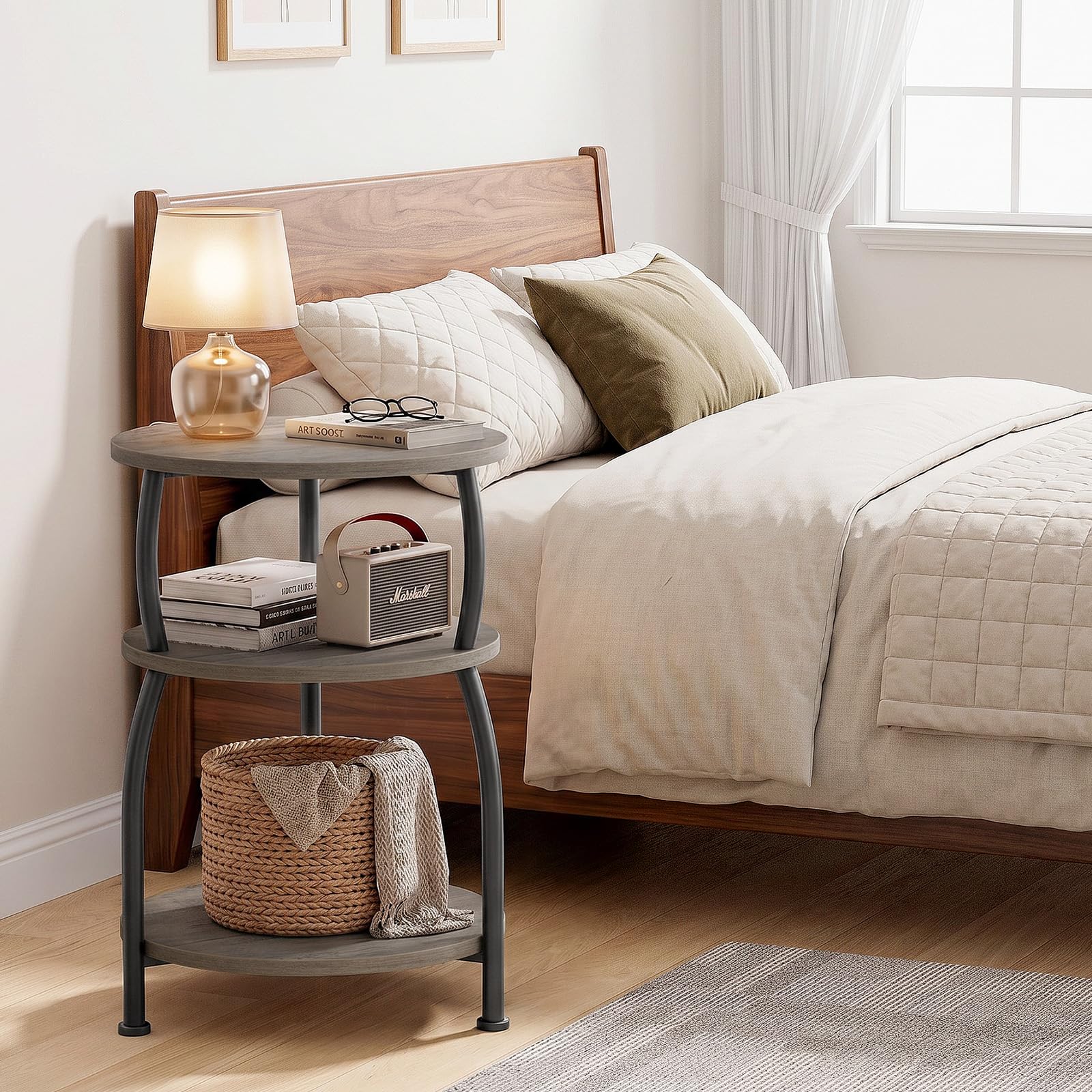 Yuede 3 Tier Side Table, Round Coffee Table, End Table with Storage Shelf, Bedside Table, for Living Room, Bedroom, Metal Frame, 40 x 61 cm, Gray