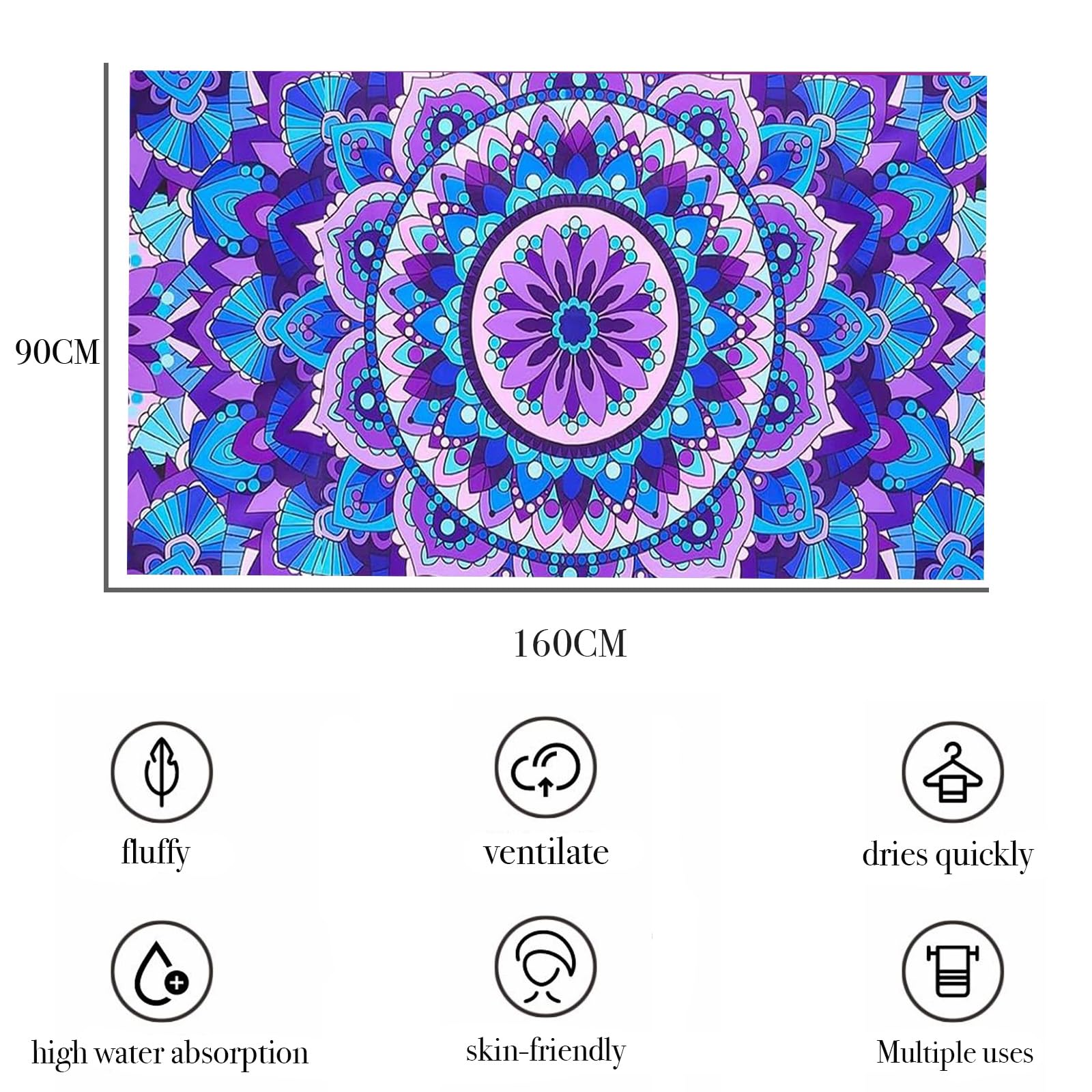 yayafunfun Large Quick Dry Microfibre Beach Towels for Adults, 160X90cm Mandala Bath Towel Travel Towels with Pocket