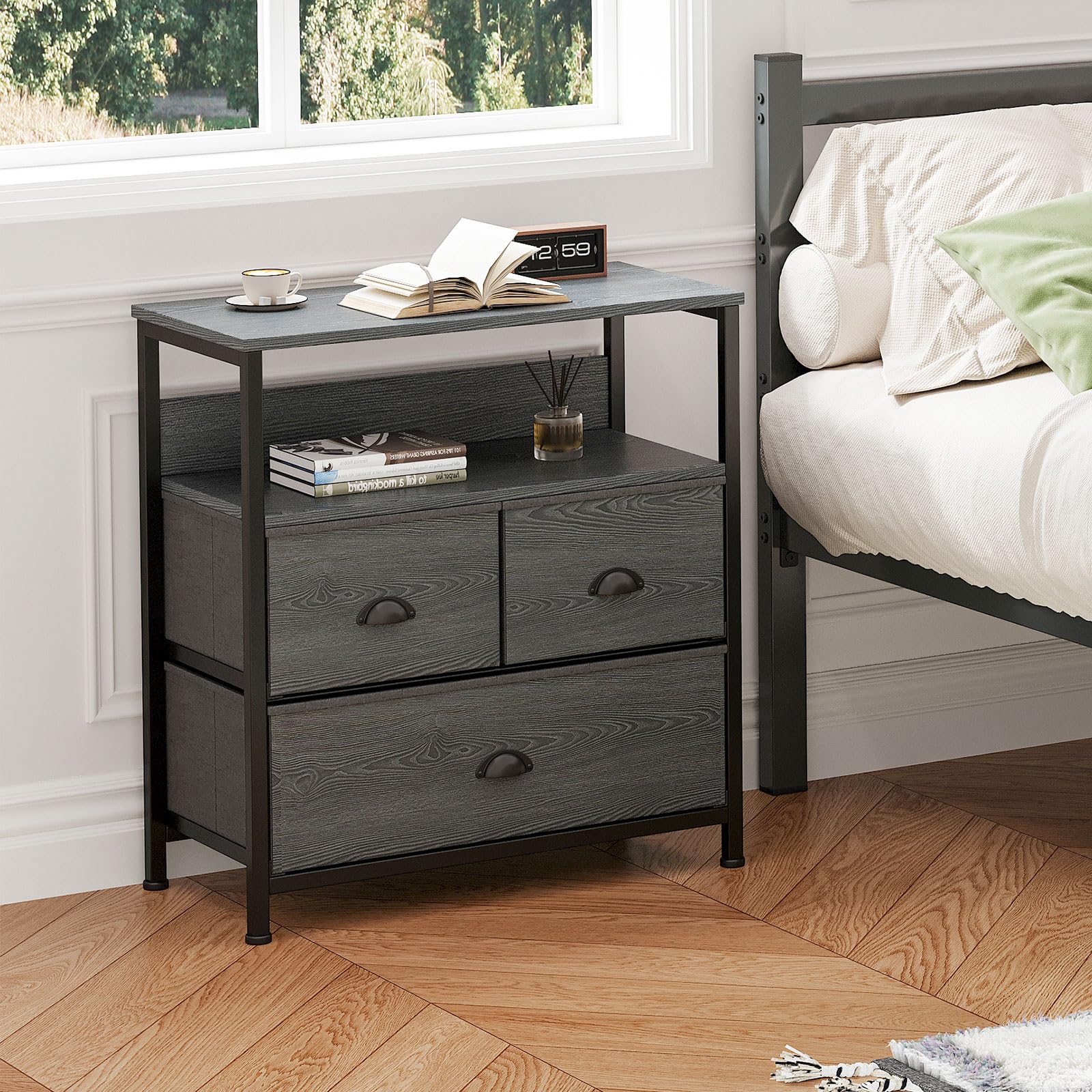 CAIYUN Bedside Table Cabinet with 3 Drawers for Bedroom, Nightstand Sofa Sid with Storage for Living Room, End Table with Metal Frame and Open Shelf
