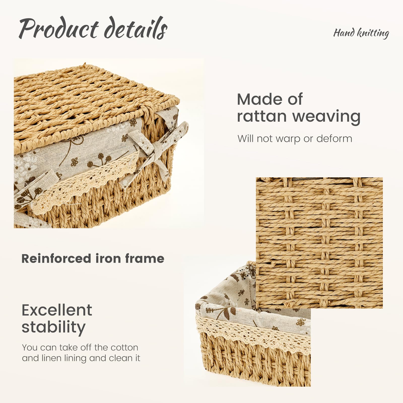 3Pcs Wicker Storage Basket with Lids Decorative Storage Boxes Handmade Wicker Hamper Box for Shelves Reusable Space-Saving Paper Rope Basket Bedroom